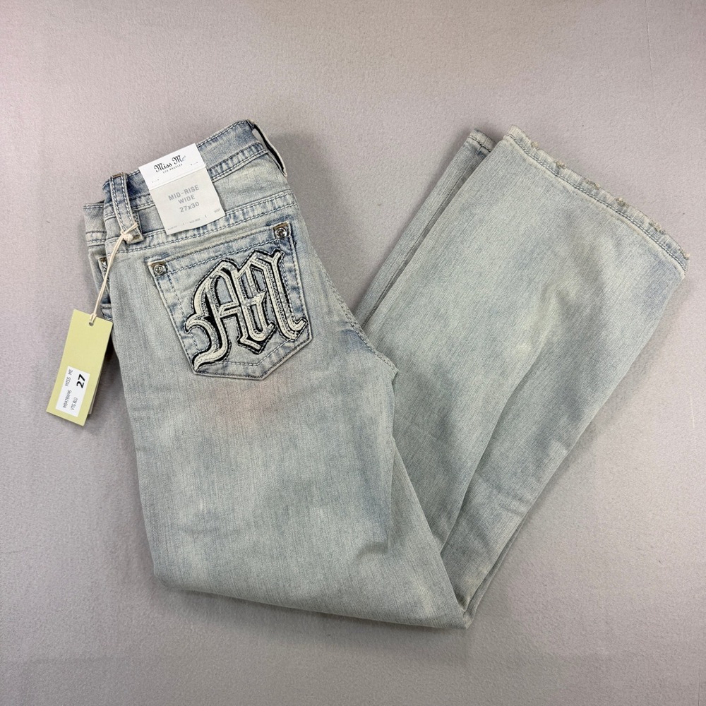 Miss Me Mid-Rise Wide Leg Jeans 27x30 Light Wash Embroidered Distressed NWT